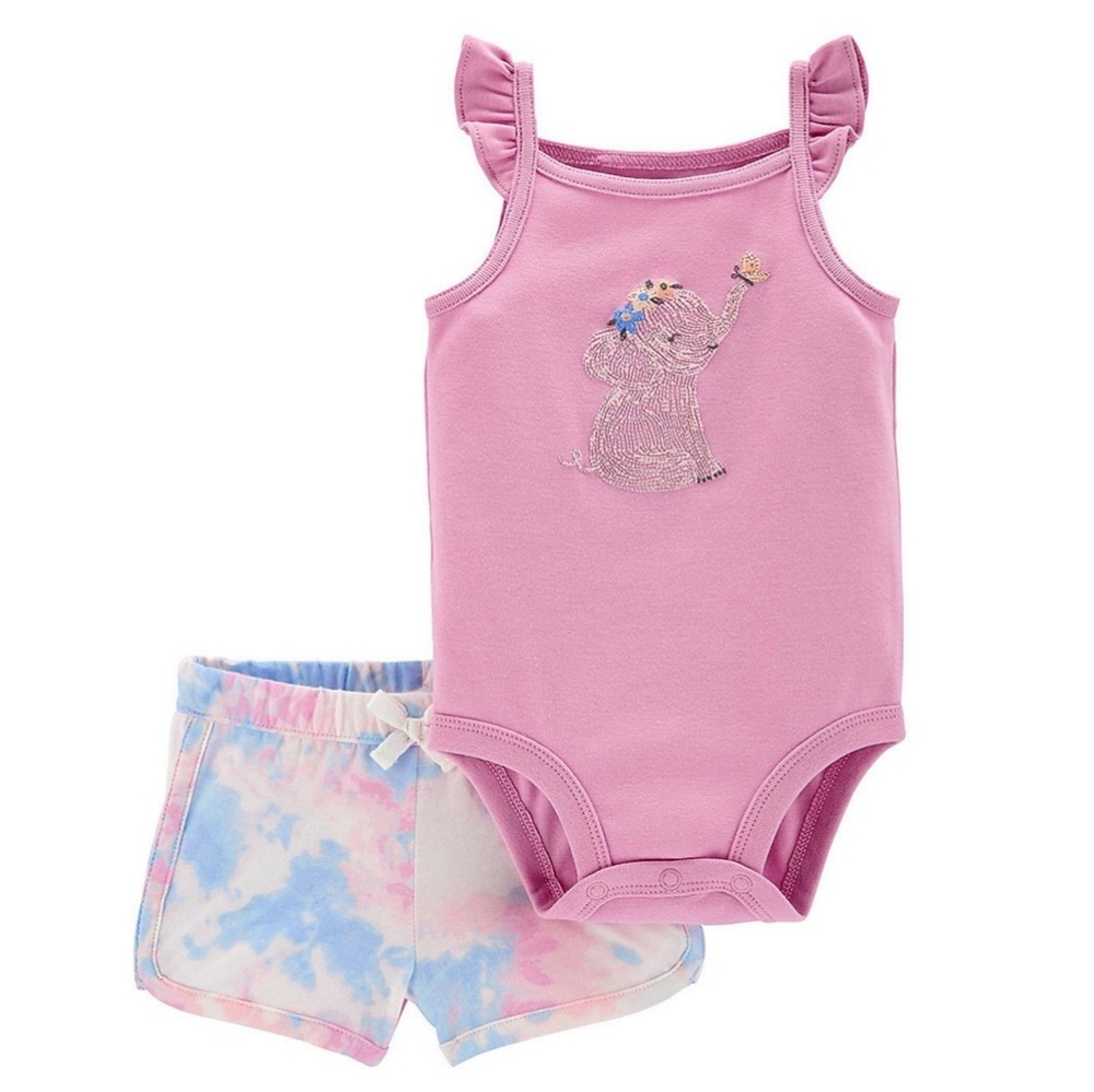 Carter's Baby Girl Pink Elephant Bodysuit & Blue Tye Dye Shorts Set Size 3M NWT